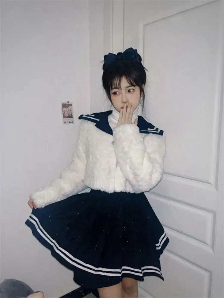 College Style Sailor Collar Two-Piece Suit for Women - Plush Patchwork Coat & Pleated Skirt
