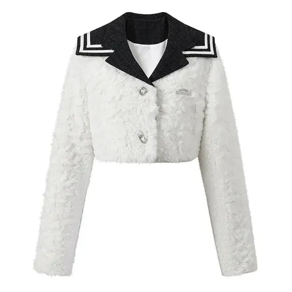 College Style Sailor Collar Two-Piece Suit for Women - Plush Patchwork Coat & Pleated Skirt
