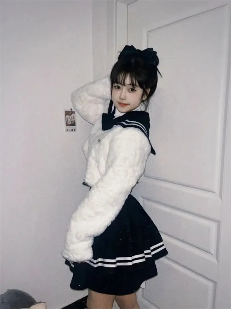 College Style Sailor Collar Two-Piece Suit for Women - Plush Patchwork Coat & Pleated Skirt