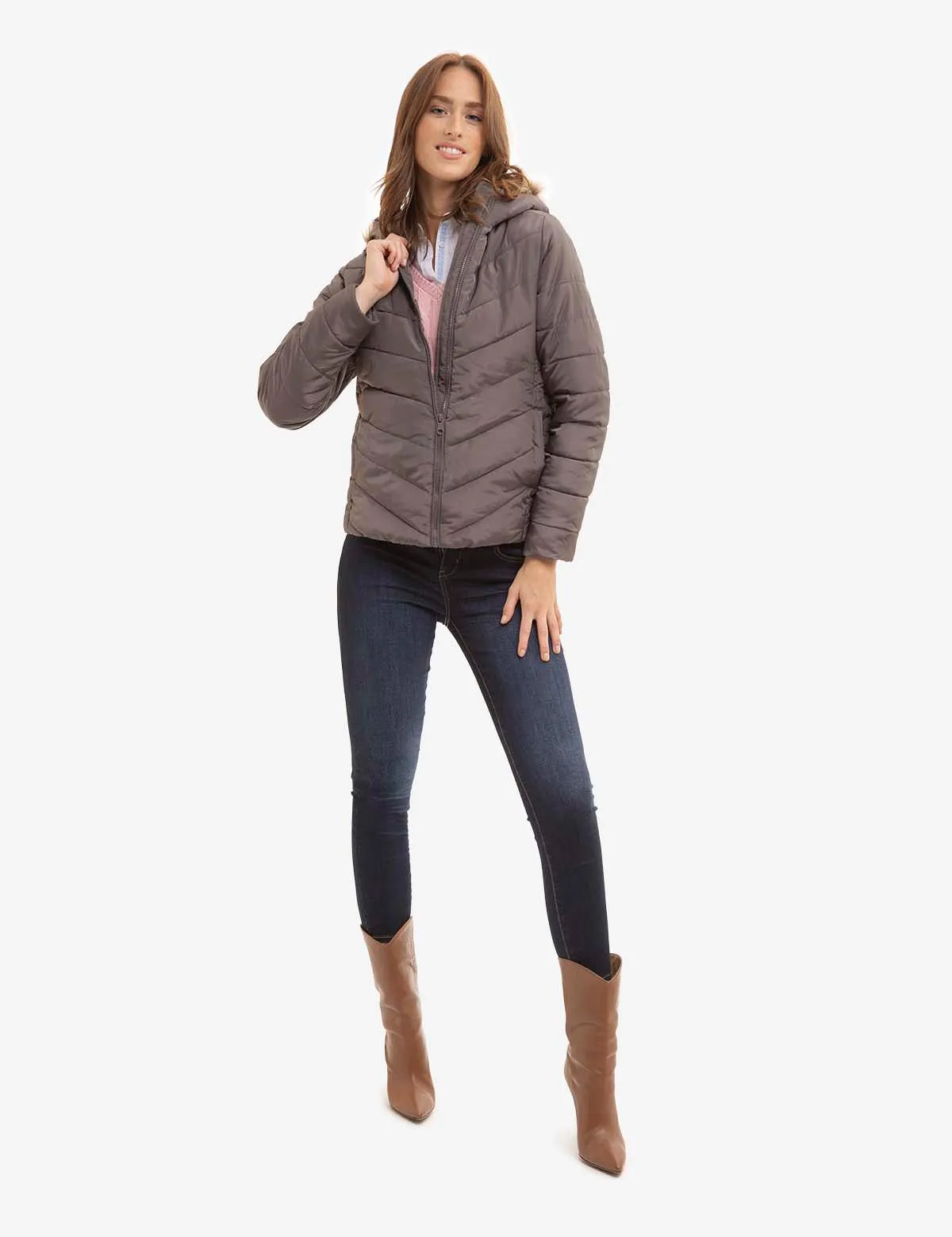 COZY FAUX FUR HOOEDED PUFFER JACKET