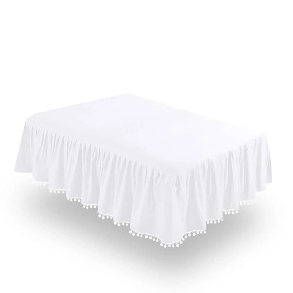 Crib Skirt - Dust Ruffle with Lovely Pompoms, 14" Drop, White (for Standard Crib/ Toddler Bed)