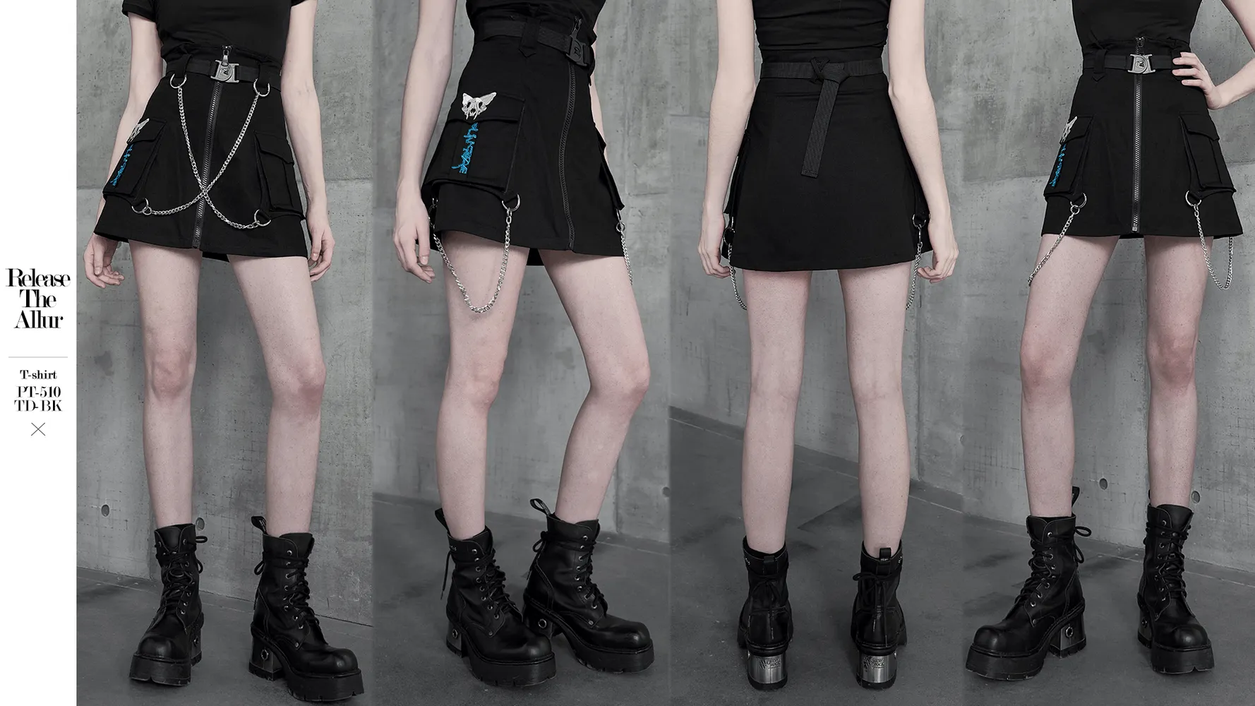 Cyber Cat A-line Denim Skirt with Chains and Belt