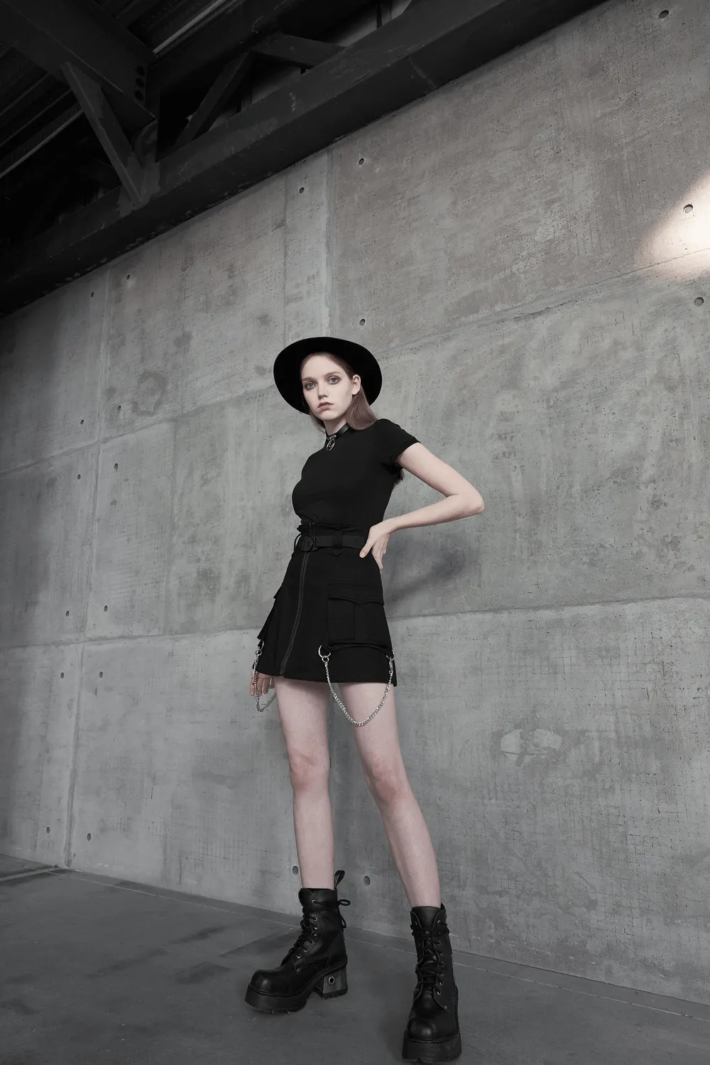Cyber Cat A-line Denim Skirt with Chains and Belt