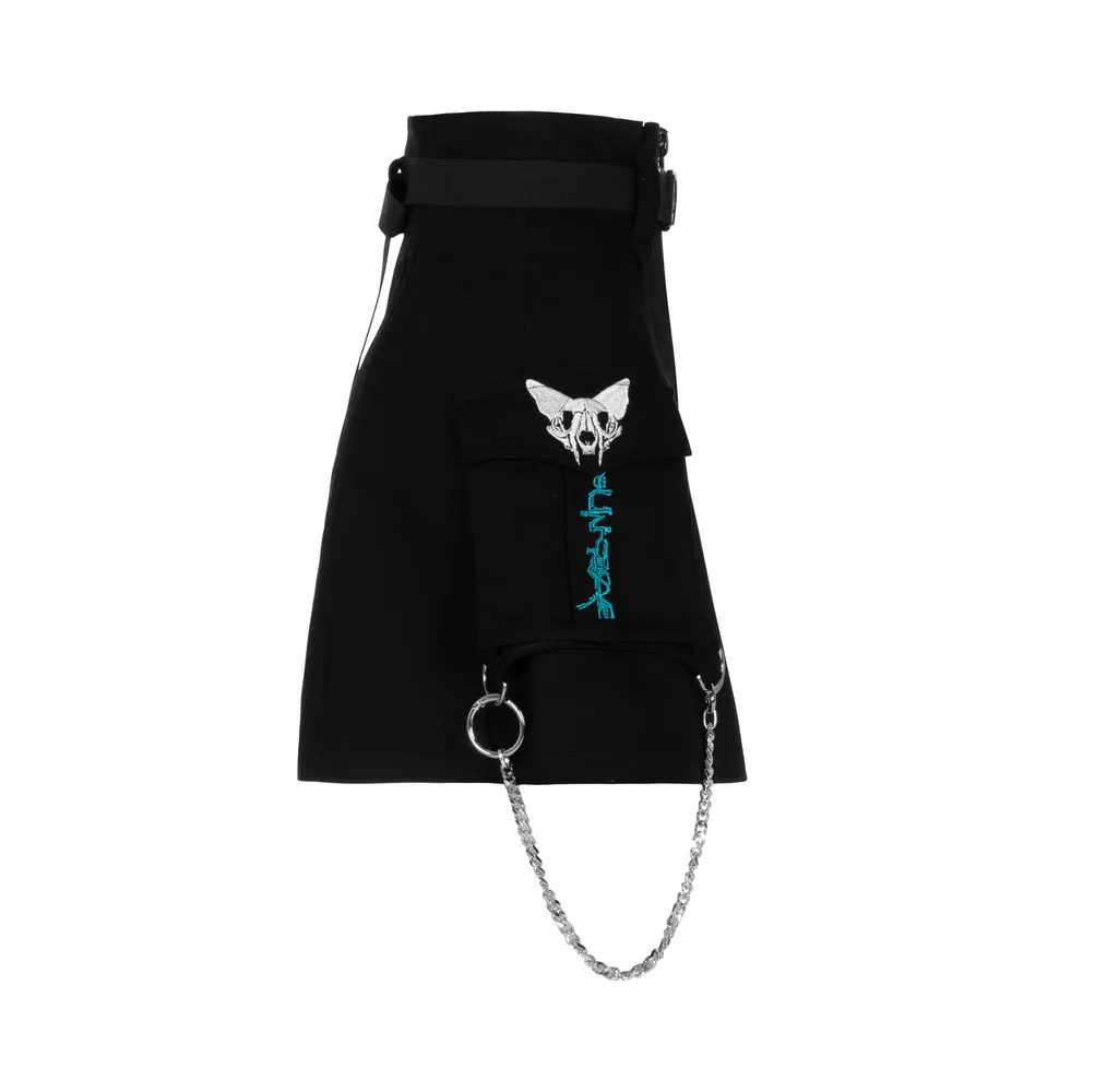 Cyber Cat A-line Denim Skirt with Chains and Belt
