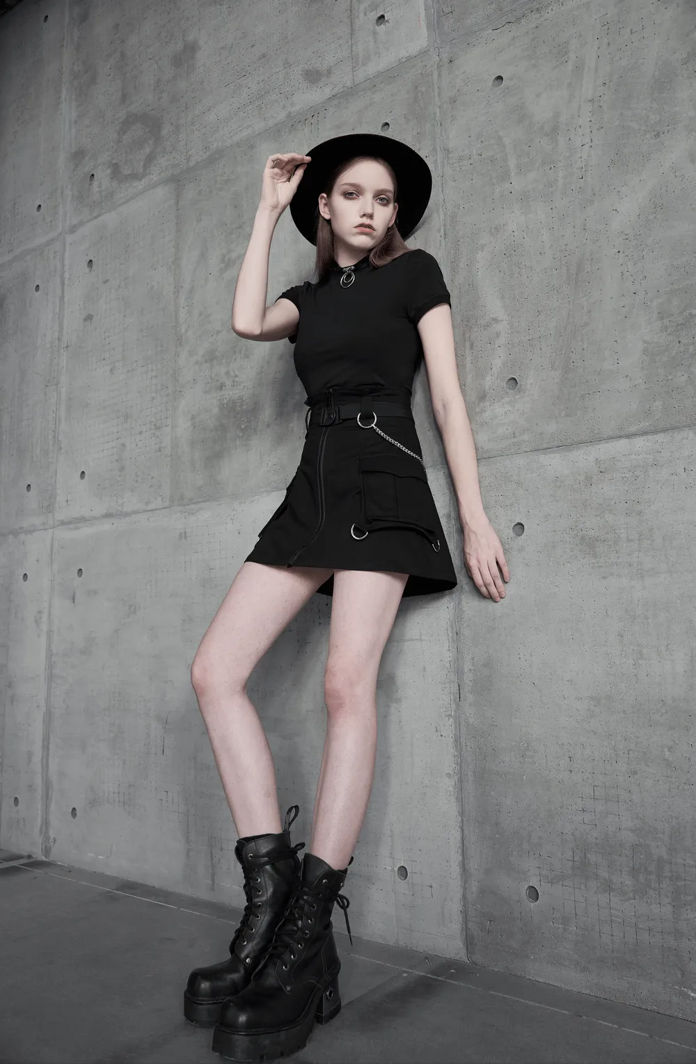 Cyber Cat A-line Denim Skirt with Chains and Belt