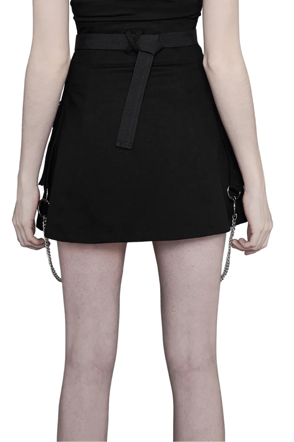 Cyber Cat A-line Denim Skirt with Chains and Belt