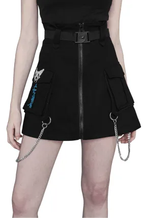 Cyber Cat A-line Denim Skirt with Chains and Belt