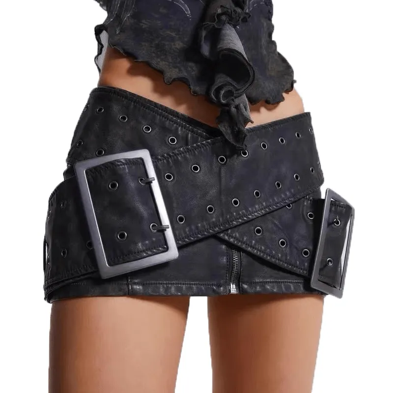 Cyberpunk Cross-Belt Women's Leather Skirt / Grunge Low Waist Mini Bodycon Skirt