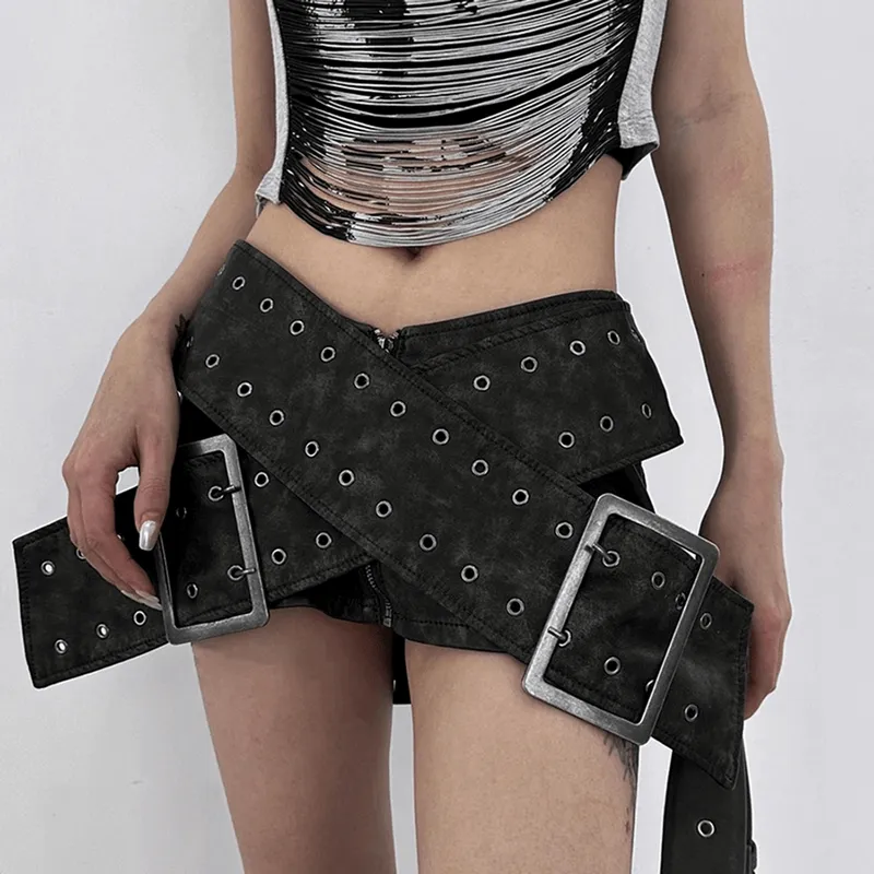 Cyberpunk Cross-Belt Women's Leather Skirt / Grunge Low Waist Mini Bodycon Skirt