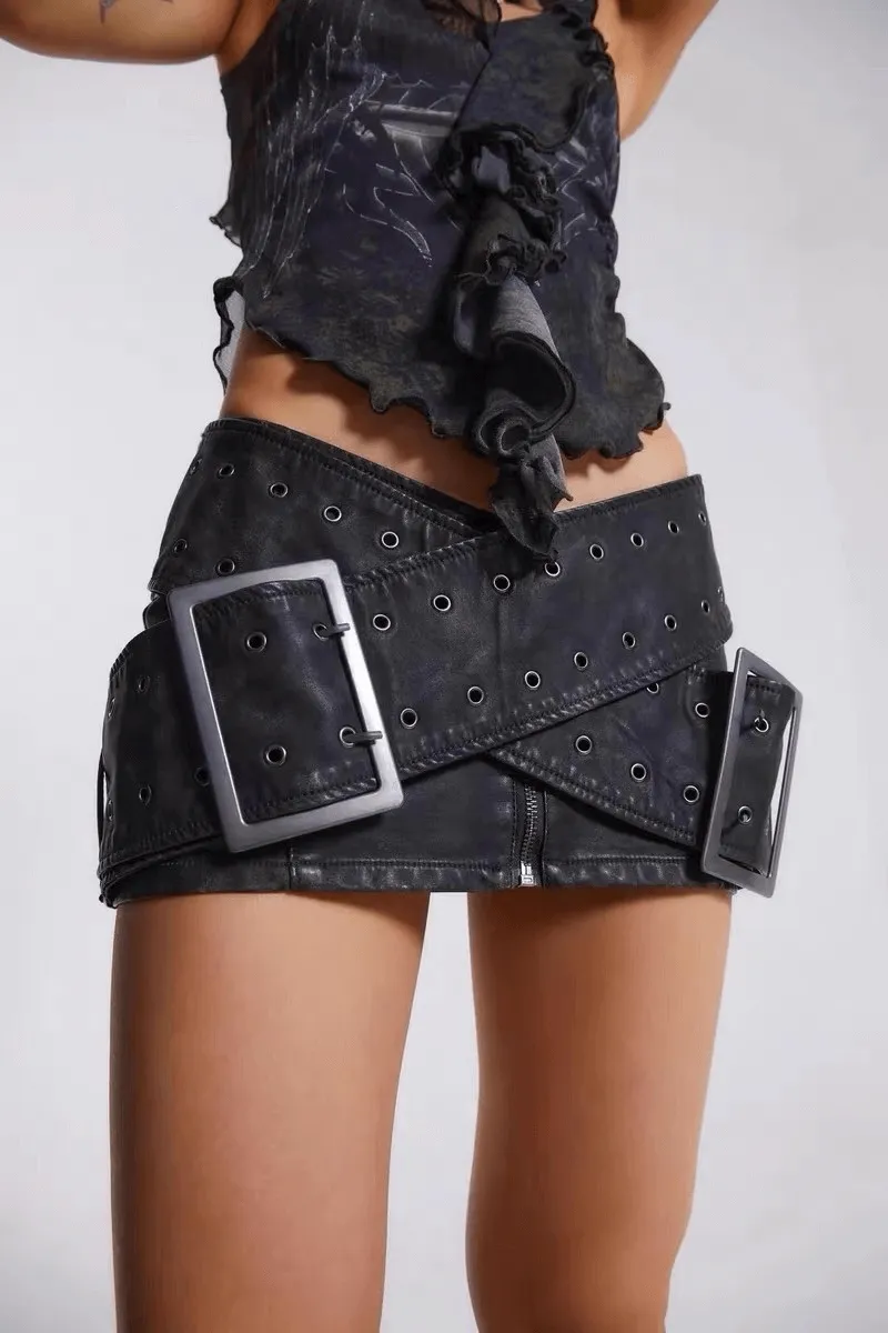 Cyberpunk Cross-Belt Women's Leather Skirt / Grunge Low Waist Mini Bodycon Skirt
