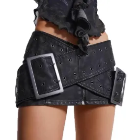 Cyberpunk Cross-Belt Women's Leather Skirt / Grunge Low Waist Mini Bodycon Skirt