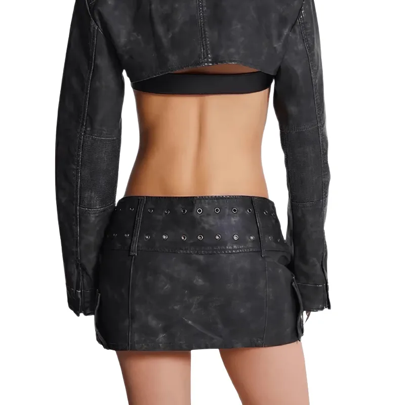 Cyberpunk Cross-Belt Women's Leather Skirt / Grunge Low Waist Mini Bodycon Skirt