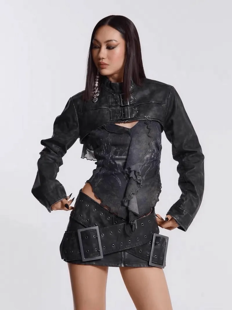 Cyberpunk Cross-Belt Women's Leather Skirt / Grunge Low Waist Mini Bodycon Skirt