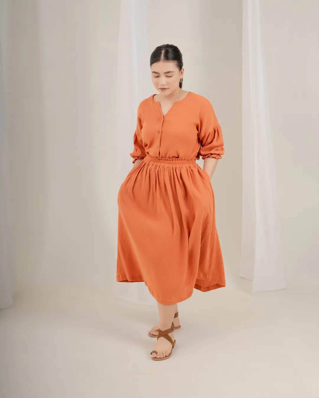 Daichi Organic Wrinkle Cotton Skirt & Top Set : Rust