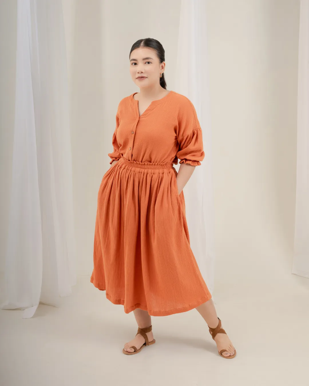 Daichi Organic Wrinkle Cotton Skirt & Top Set : Rust