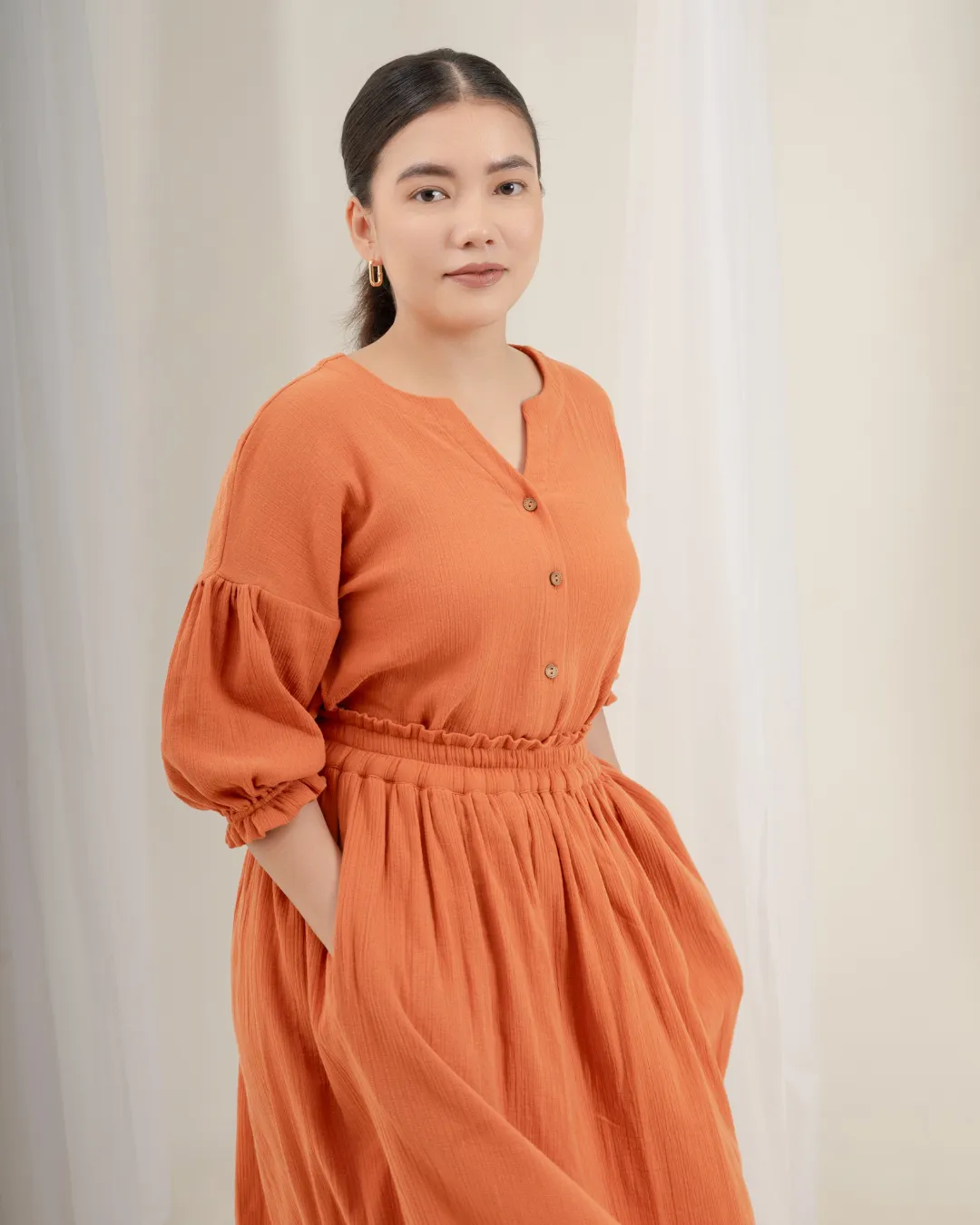 Daichi Organic Wrinkle Cotton Skirt & Top Set : Rust
