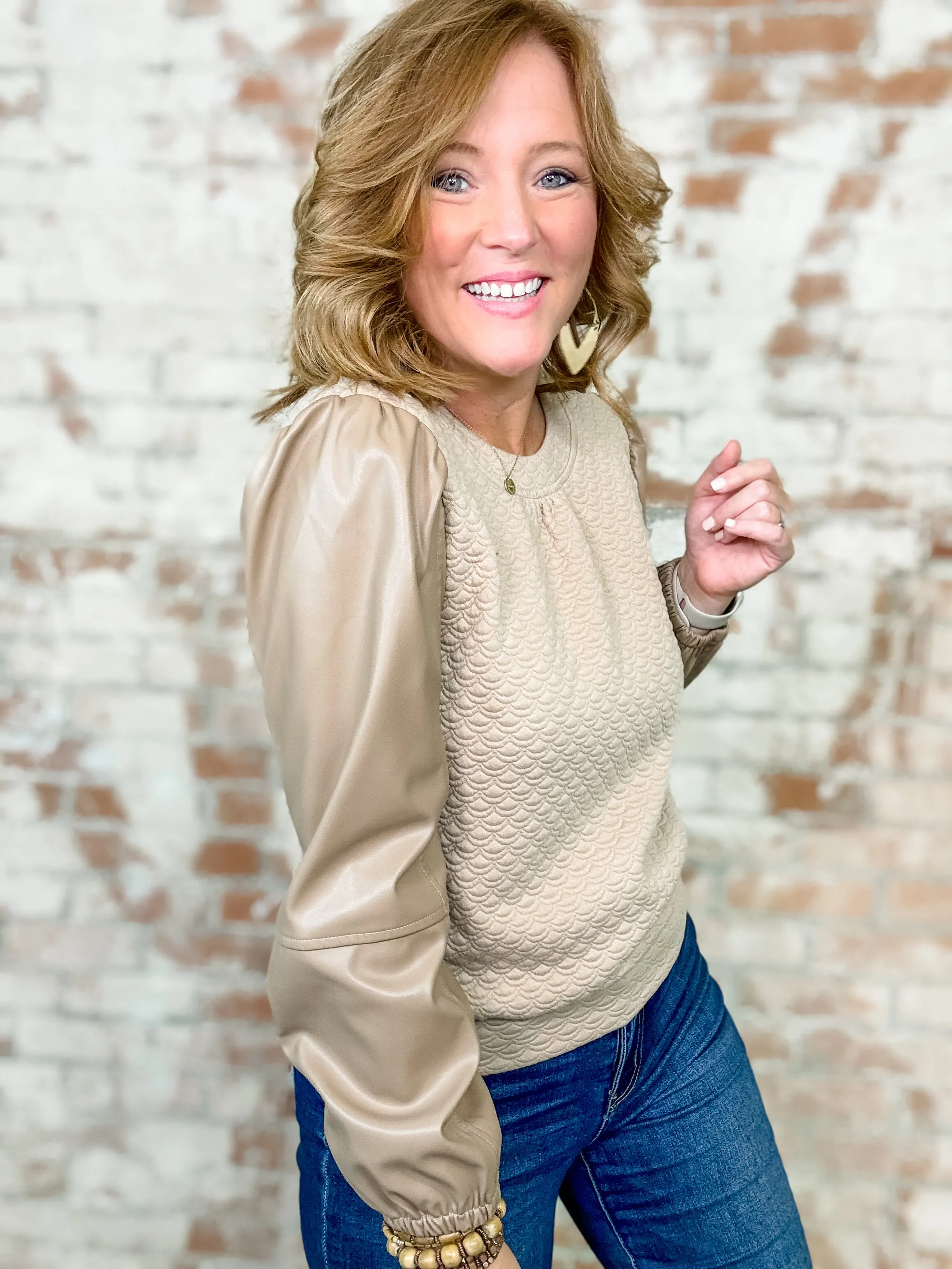 Deana Leather Sleeve Textured Top - FINAL SALE
