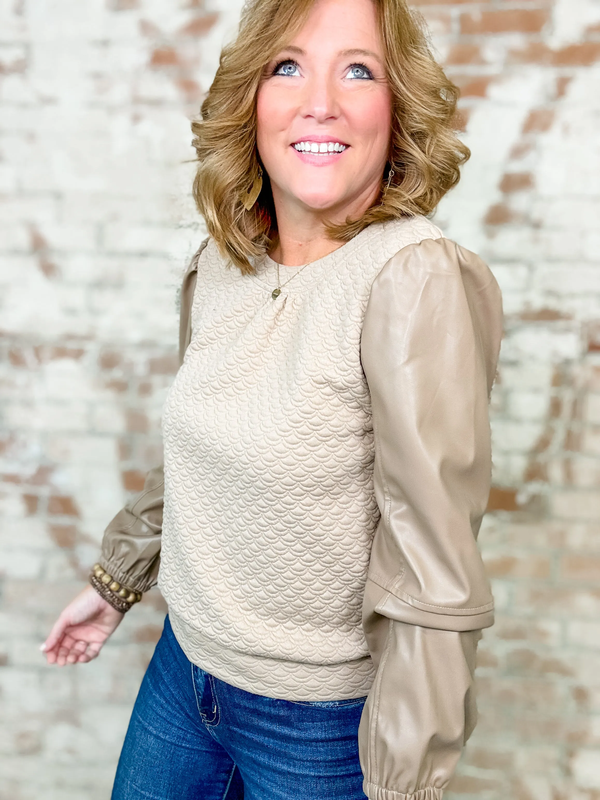 Deana Leather Sleeve Textured Top - FINAL SALE