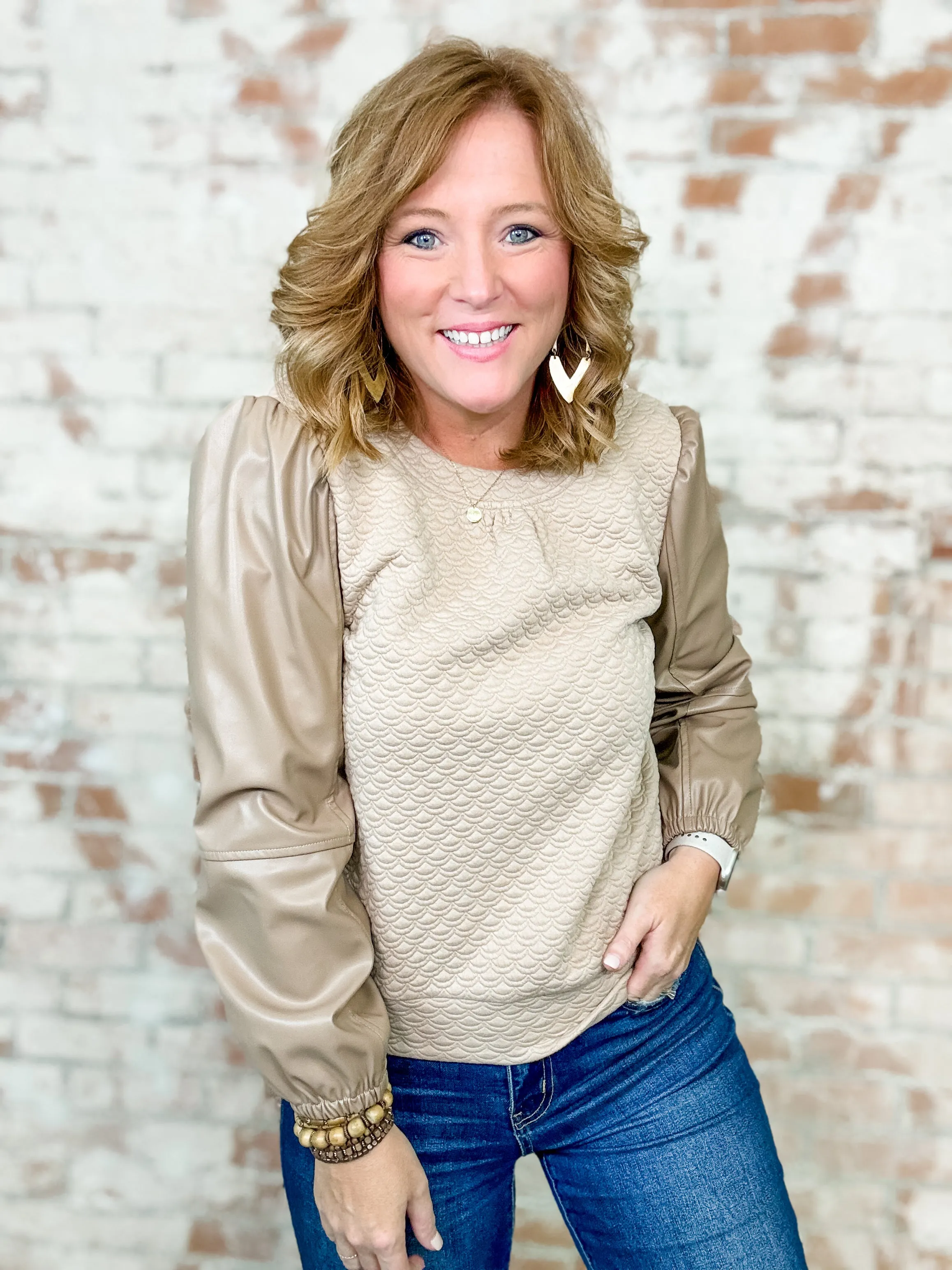 Deana Leather Sleeve Textured Top - FINAL SALE
