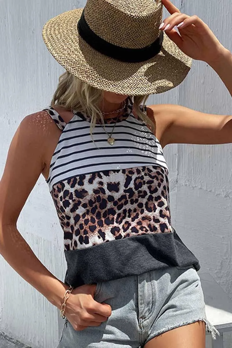 DOUBLE STRAP HALTER NECK BORDER PATTERN TEE