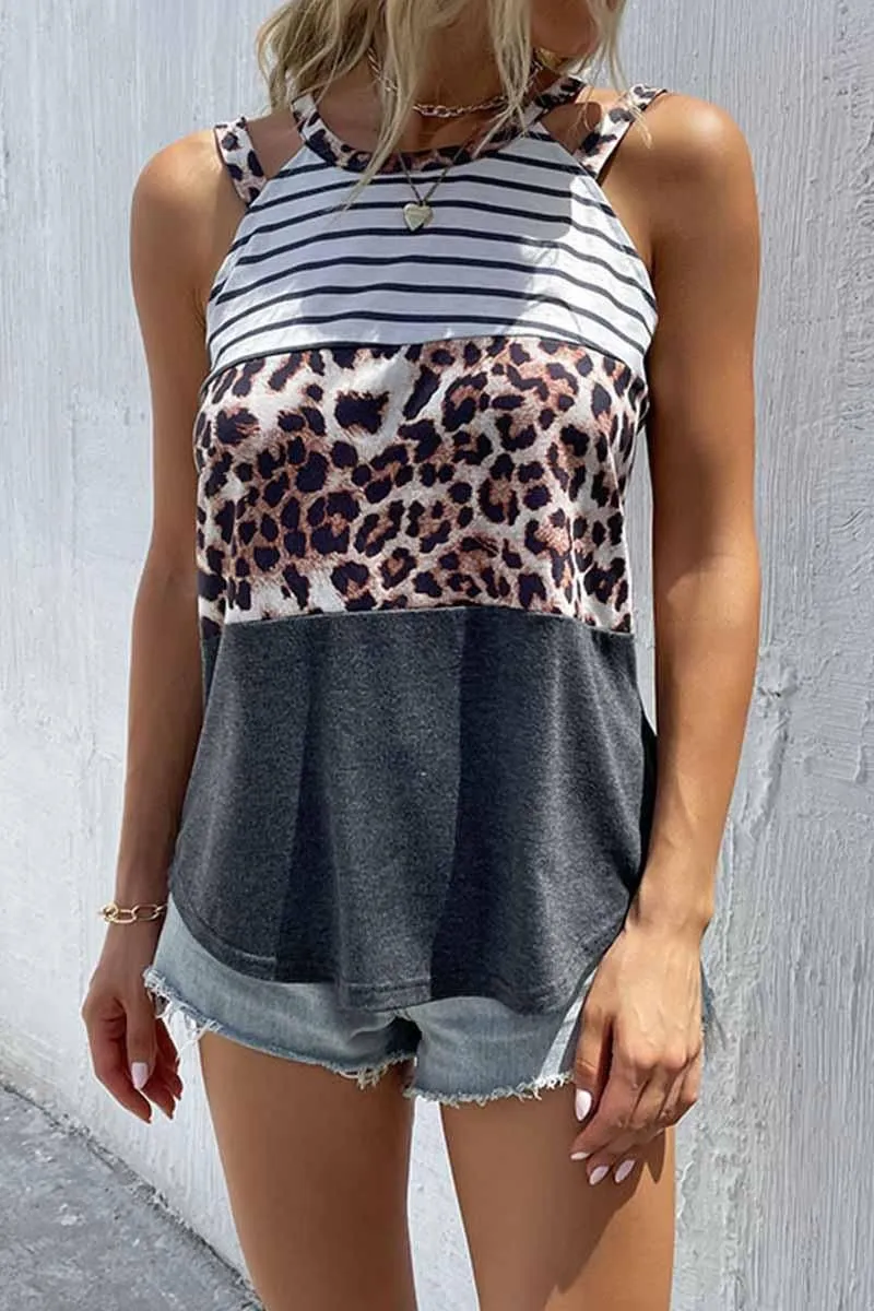 DOUBLE STRAP HALTER NECK BORDER PATTERN TEE