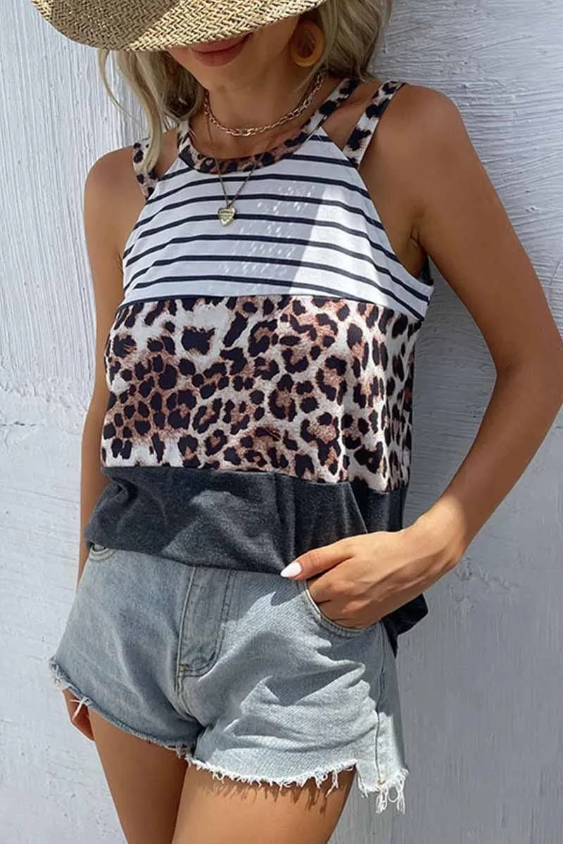 DOUBLE STRAP HALTER NECK BORDER PATTERN TEE