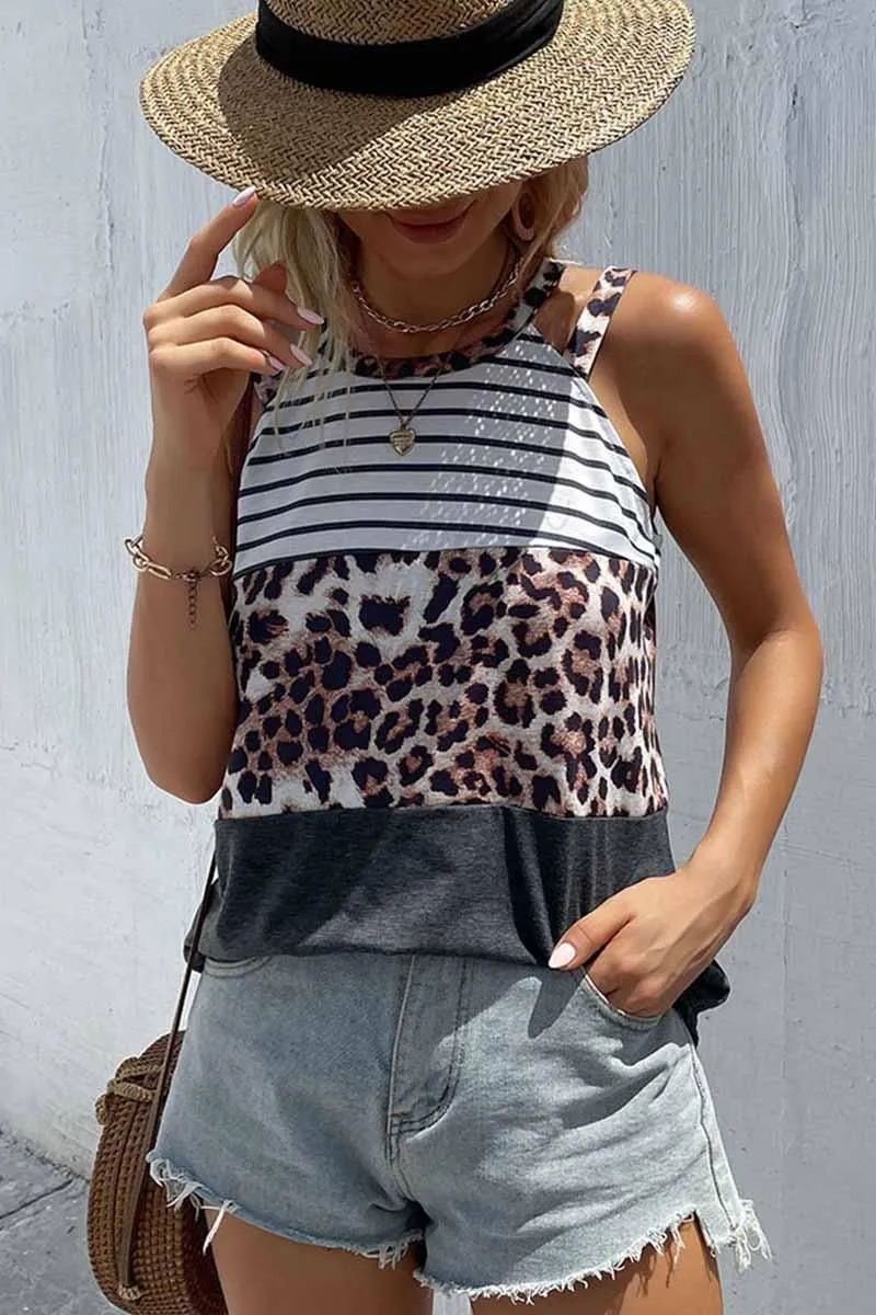 DOUBLE STRAP HALTER NECK BORDER PATTERN TEE