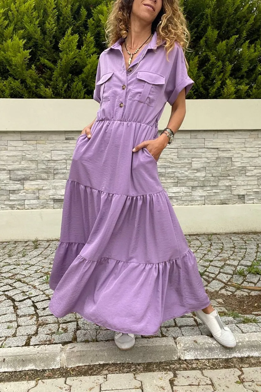 GNS Woman Lilac Half Pleated Skirt Self-Belted Loose Dress Bst3336 - DeLand