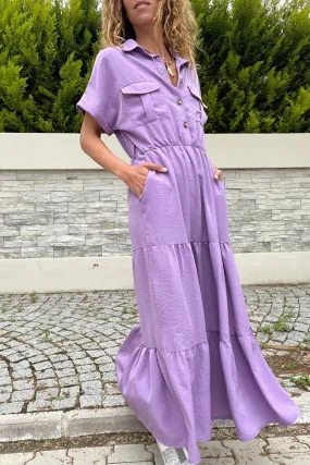 GNS Woman Lilac Half Pleated Skirt Self-Belted Loose Dress Bst3336 - DeLand