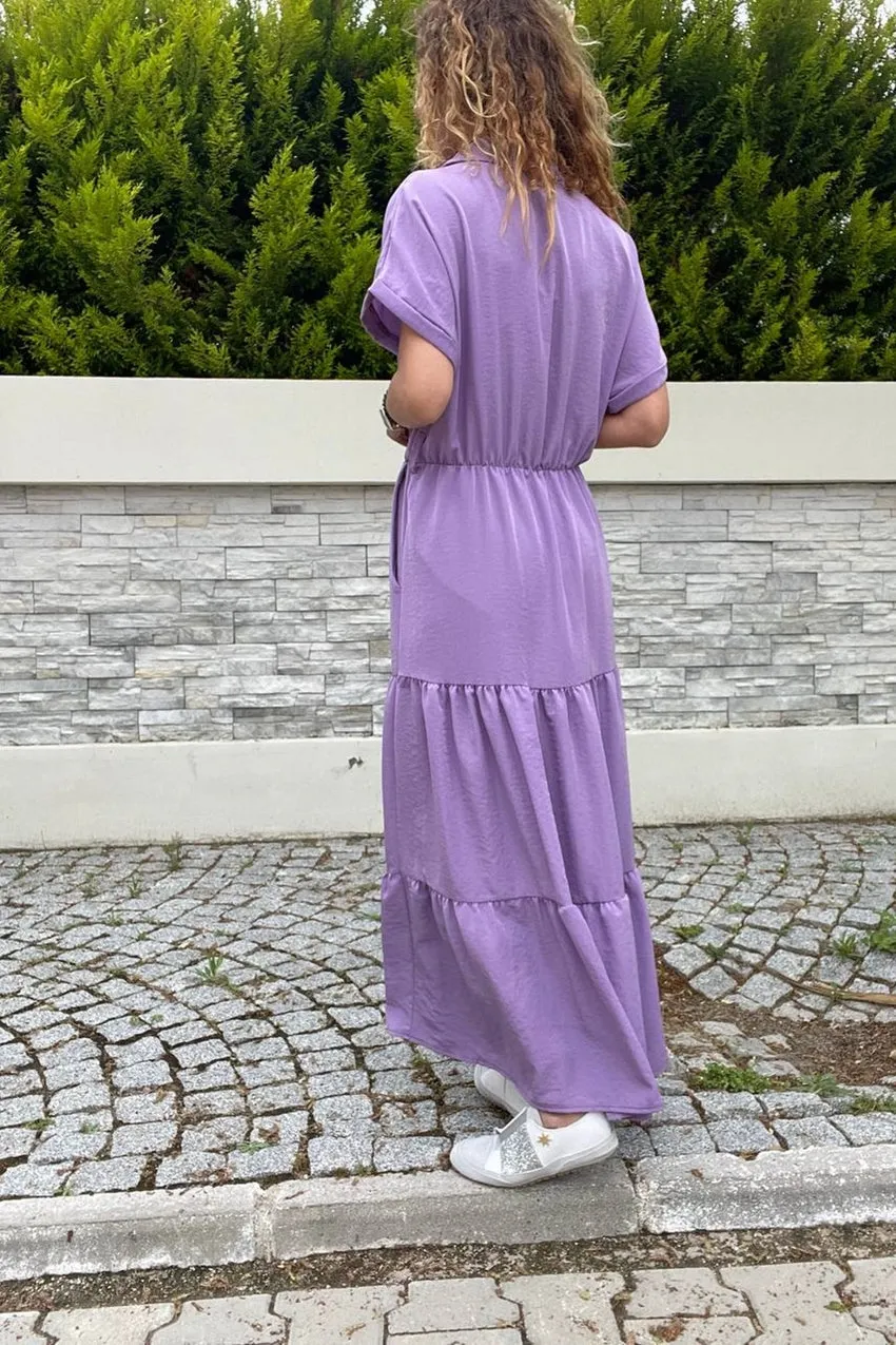 GNS Woman Lilac Half Pleated Skirt Self-Belted Loose Dress Bst3336 - DeLand