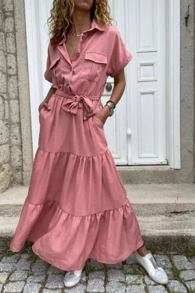 GNS Woman Rose Dry Half Skirt Pleated Belted Loose Dress Bst3336 - Stockton