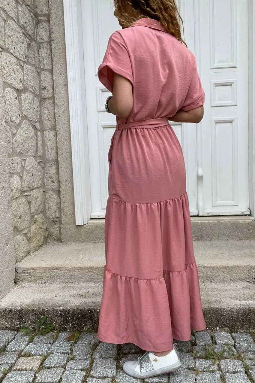 GNS Woman Rose Dry Half Skirt Pleated Belted Loose Dress Bst3336 - Stockton