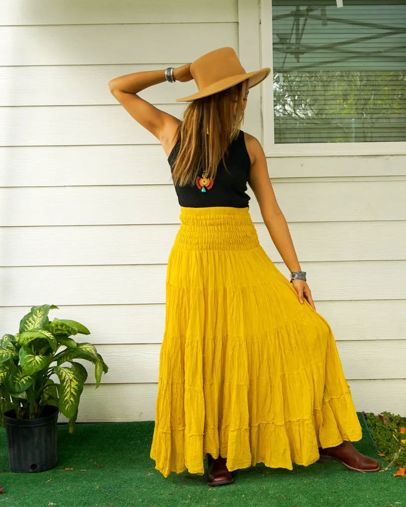 Golden Sun Mustard Yellow Raw Crinkled Organic Cotton Gauze Tiered Maxi Skirt