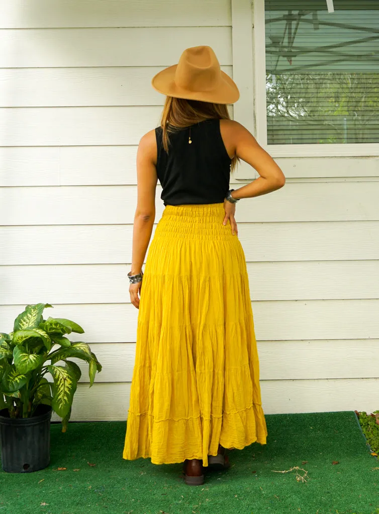 Golden Sun Mustard Yellow Raw Crinkled Organic Cotton Gauze Tiered Maxi Skirt