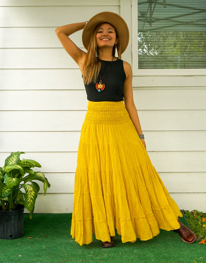 Golden Sun Mustard Yellow Raw Crinkled Organic Cotton Gauze Tiered Maxi Skirt
