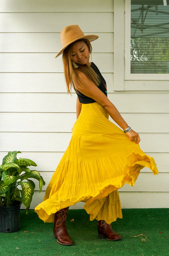 Golden Sun Mustard Yellow Raw Crinkled Organic Cotton Gauze Tiered Maxi Skirt