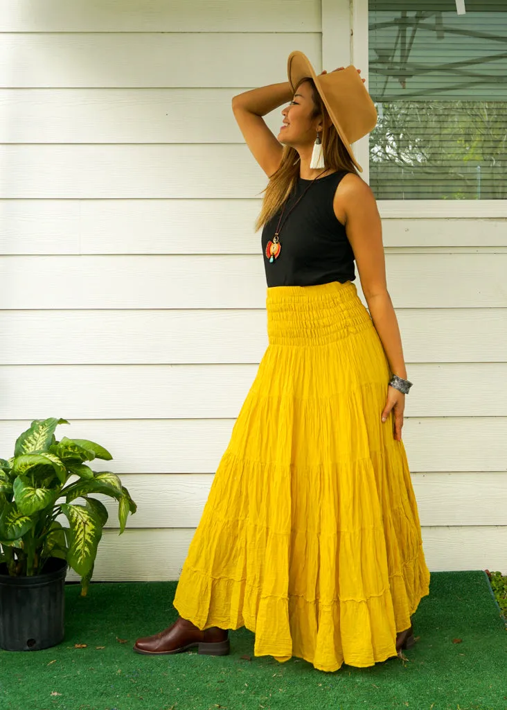 Golden Sun Mustard Yellow Raw Crinkled Organic Cotton Gauze Tiered Maxi Skirt