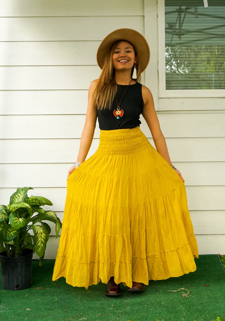 Golden Sun Mustard Yellow Raw Crinkled Organic Cotton Gauze Tiered Maxi Skirt