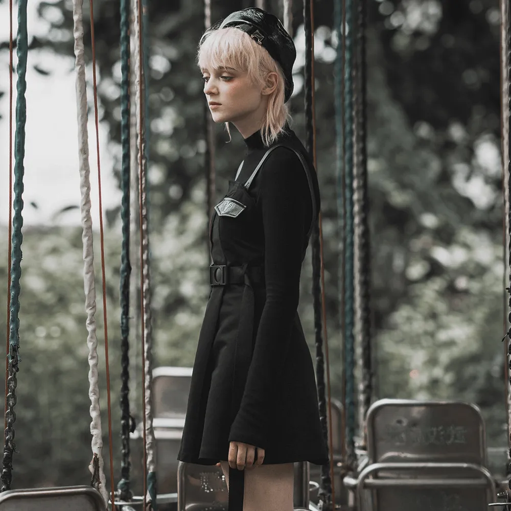 Gothic Punk Sleeveless Dress with Belt and Embroidery