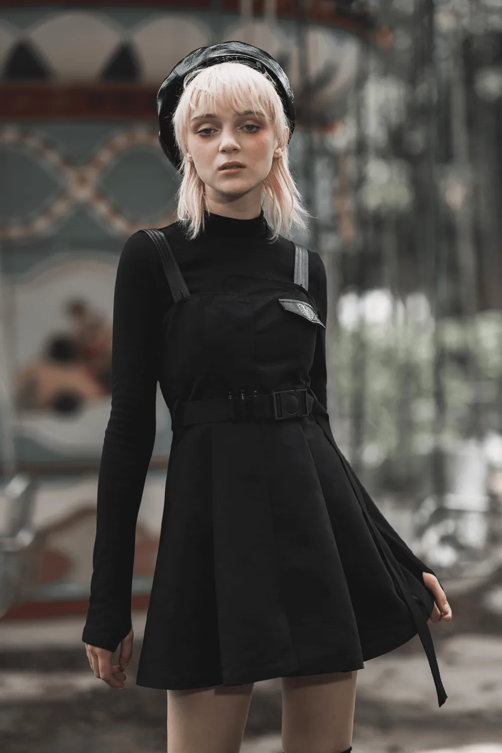 Gothic Punk Sleeveless Dress with Belt and Embroidery