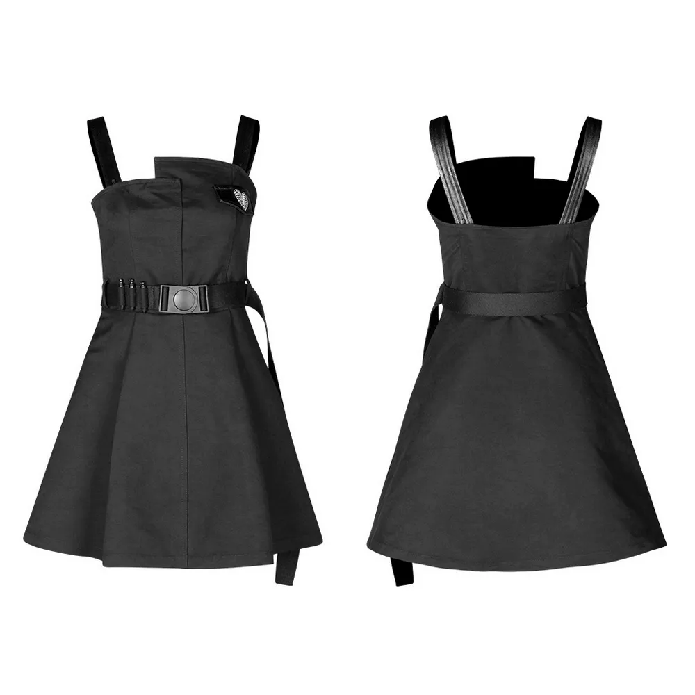 Gothic Punk Sleeveless Dress with Belt and Embroidery