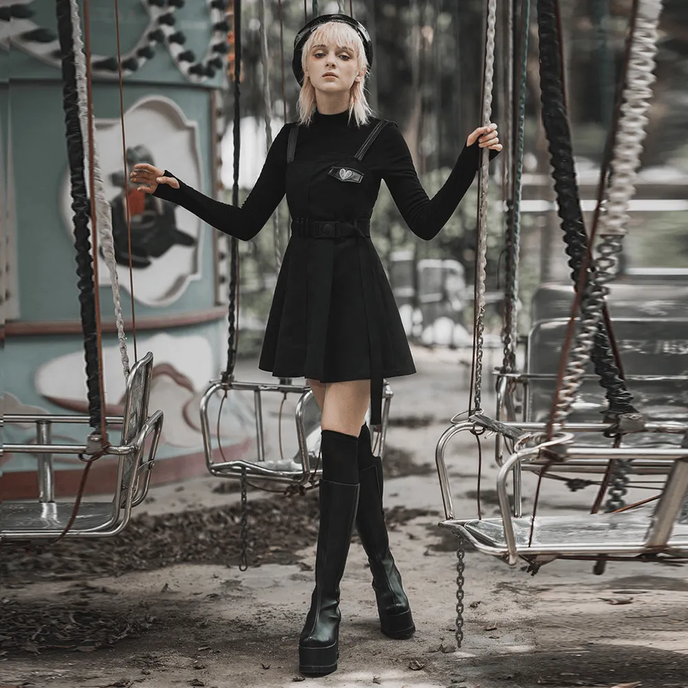 Gothic Punk Sleeveless Dress with Belt and Embroidery