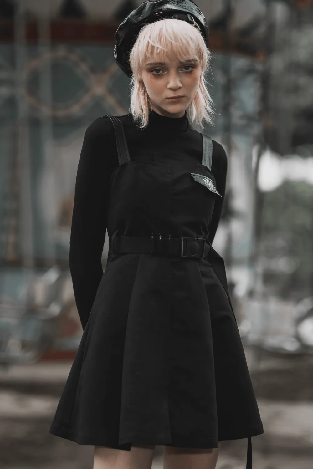 Gothic Punk Sleeveless Dress with Belt and Embroidery