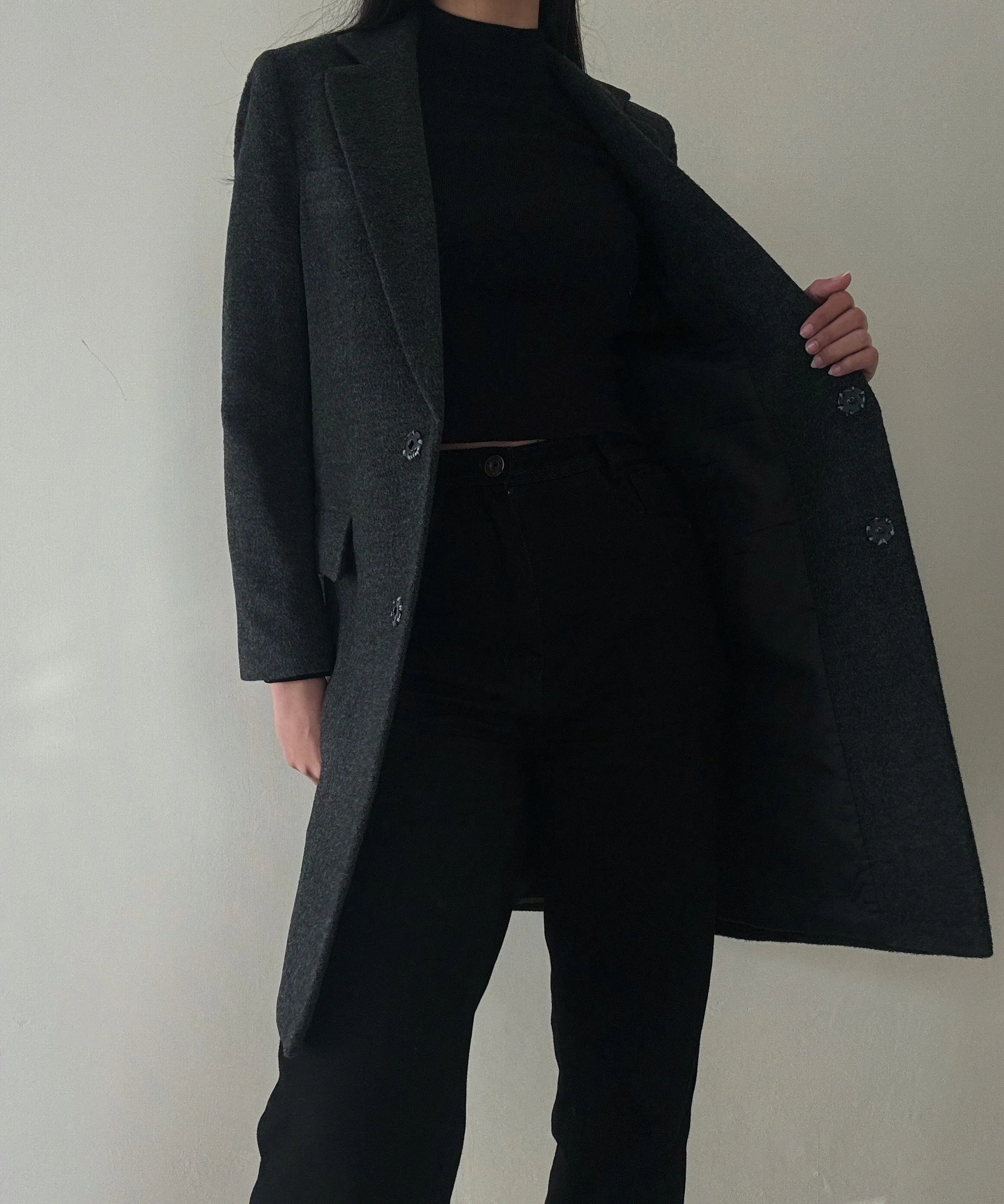 Grey Structured Midi Coat (65% Wool)