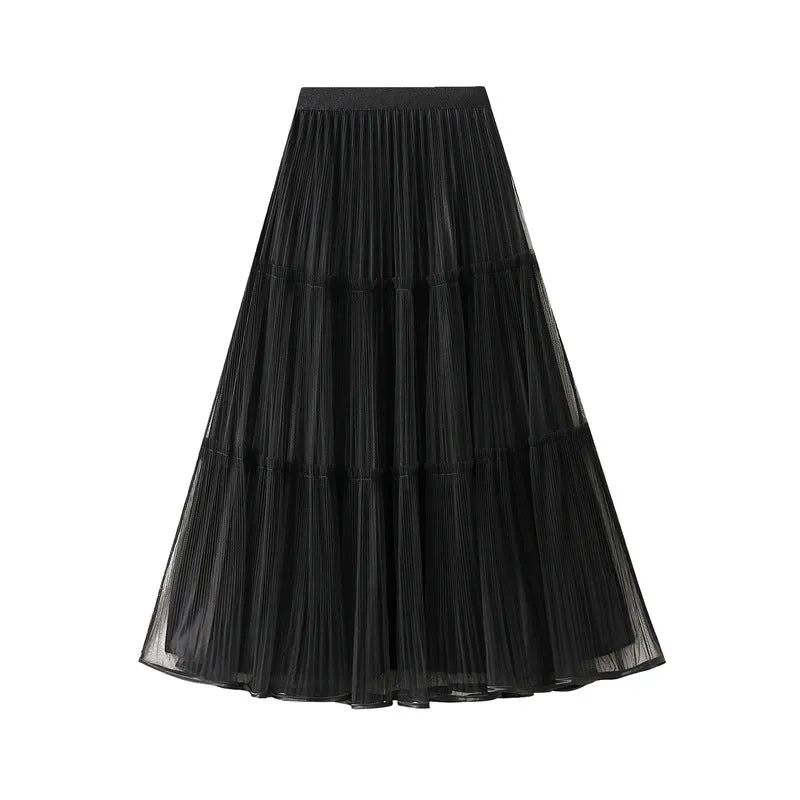 High Waist Mid Length Draping A Line Tulle Skirt