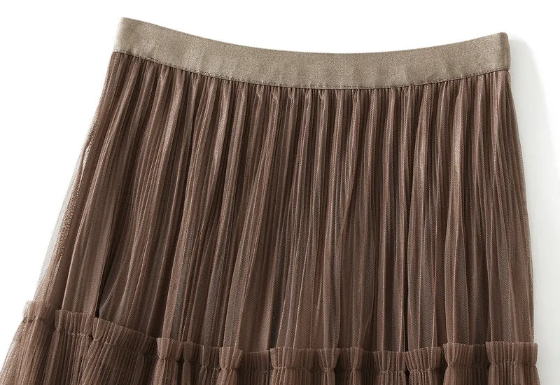 High Waist Mid Length Draping A Line Tulle Skirt