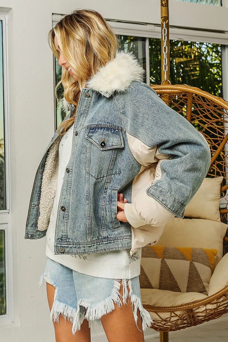 IP8972-01 | ATTACHABLE FAUX FUR COLLARED PUFFER DENIM JACKET