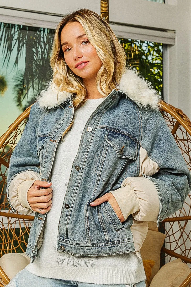IP8972-01 | ATTACHABLE FAUX FUR COLLARED PUFFER DENIM JACKET
