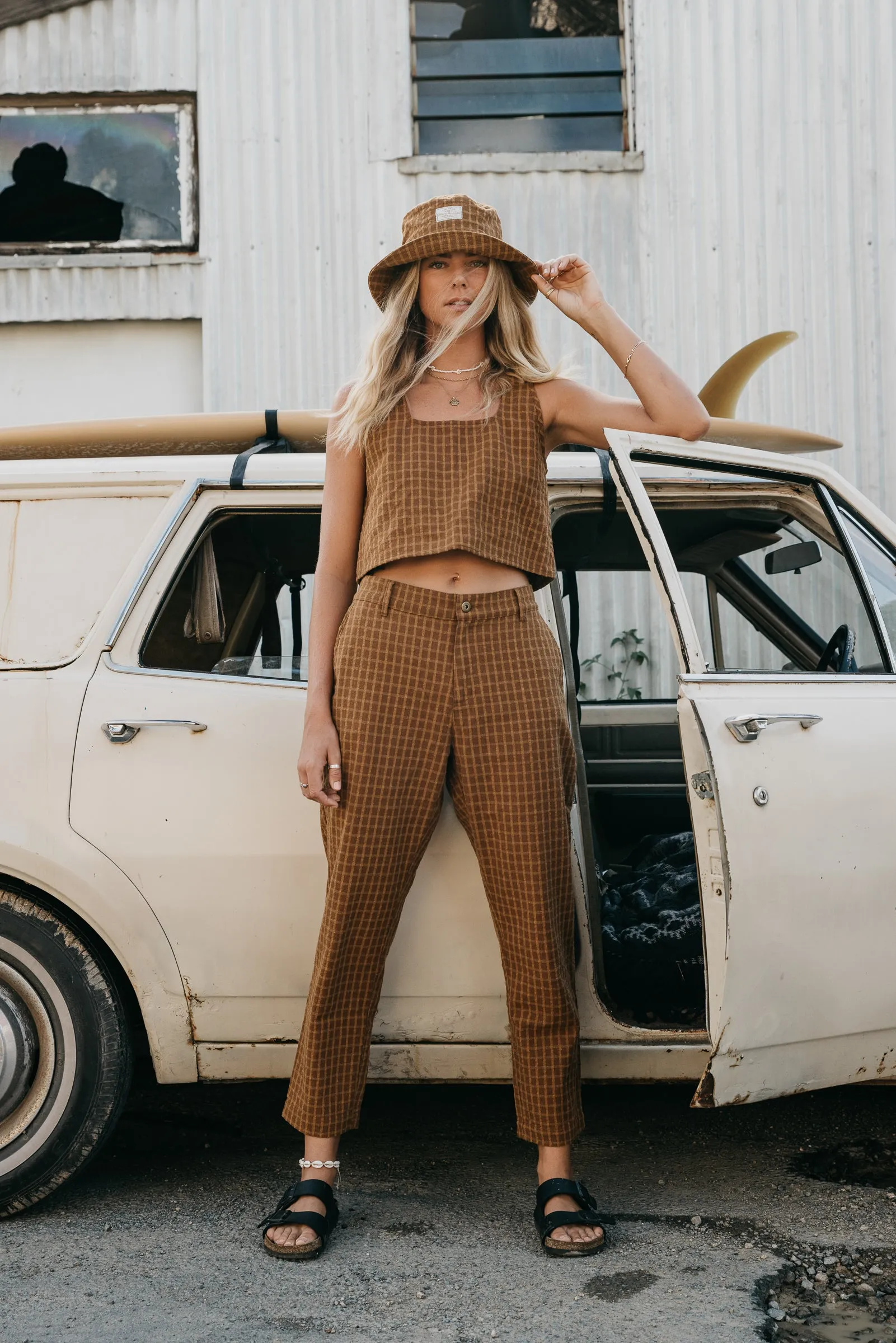 Kora - Brown Checked Crop Top