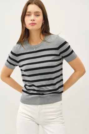 Lining Things Up Charcoal Striped Short Sleeve Sweater Top
